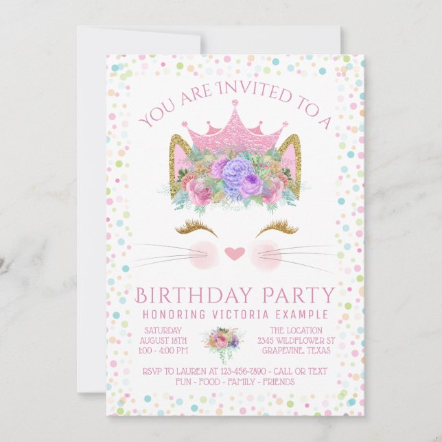 Kitty Cat Confetti Birthday Party Invitation (Front)