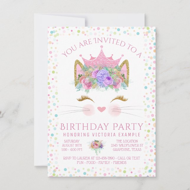 Kitty Cat Confetti Girls Any Number Birthday Party Invitation (Front)