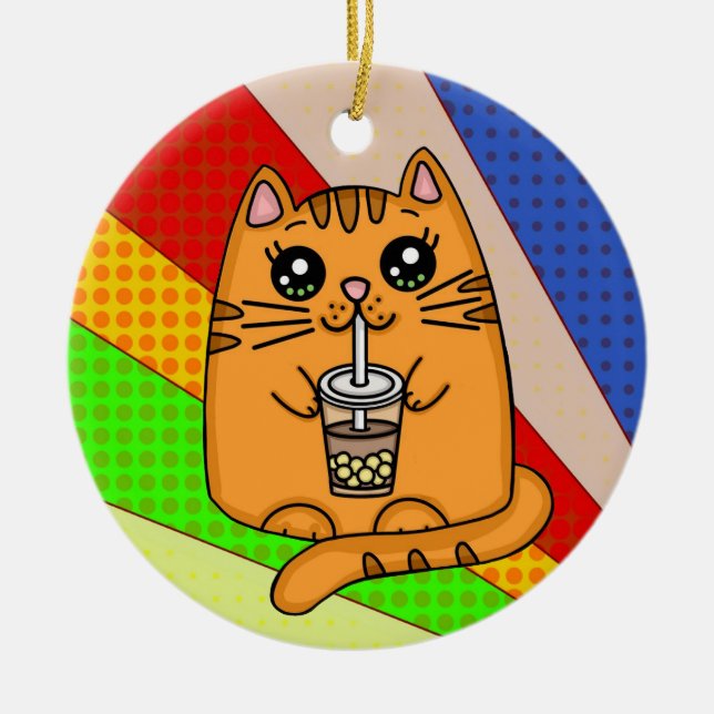 Kitty Cat drinking Boba Tea Ceramic Ornament (Front)