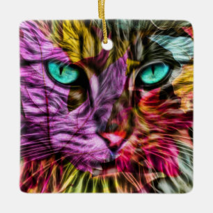 Kitty Cat Fall Leaves Colorful Artsy Design Ceramic Ornament