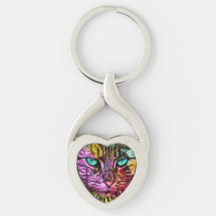 Kitty Cat Fall Leaves Colourful Artsy Design Key Ring