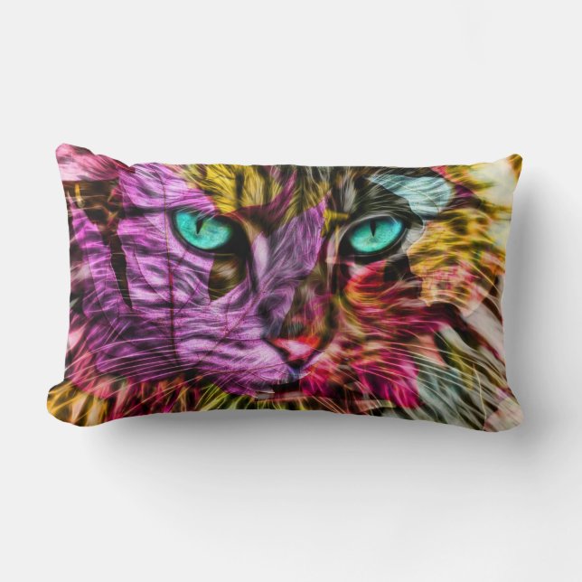 Kitty Cat Fall Leaves Colourful Artsy Design Lumbar Cushion (Front)