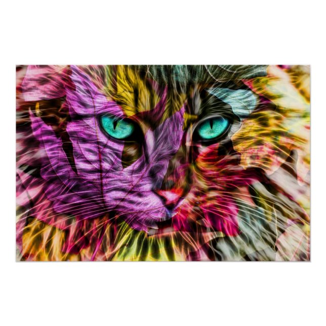 Kitty Cat Fall Leaves Colourful Artsy Design Poster (Front)