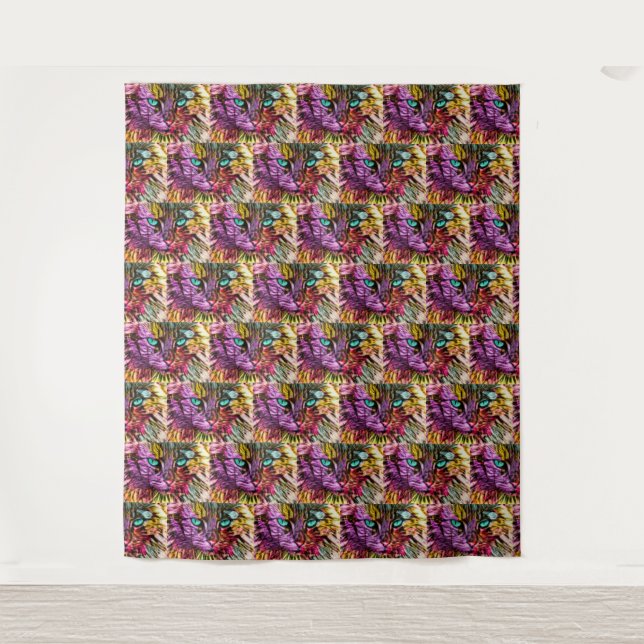 Kitty Cat Fall Leaves Colourful Artsy Design Tapestry (Front)
