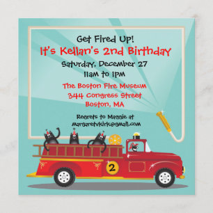 Kitty Cat Firetruck Birthday Party Invitation