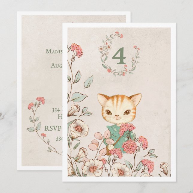 Kitty Cat Floral Girly Kitten 4th Birthday Invitation (Front/Back)