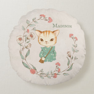 Kitty Cat Floral Personalised Name Girly Kitten Round Cushion
