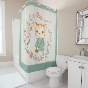 Kitty Cat Floral Personalised Name Girly Kitten Shower Curtain