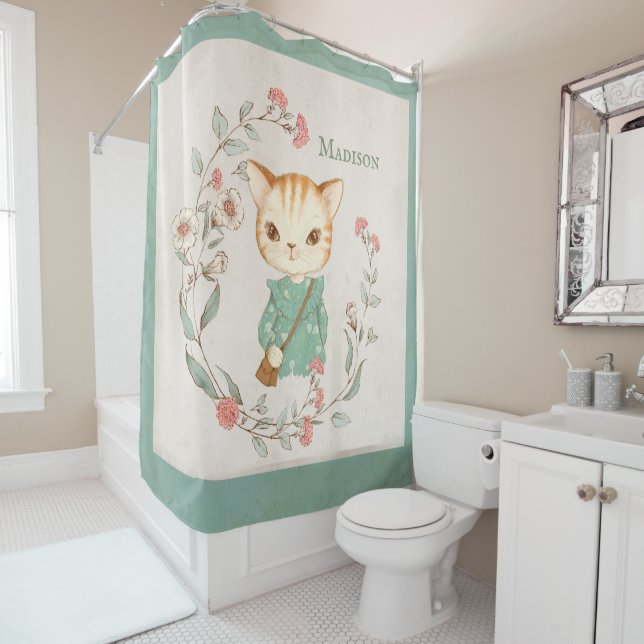 Kitty Cat Floral Personalised Name Girly Kitten Shower Curtain (In Situ)
