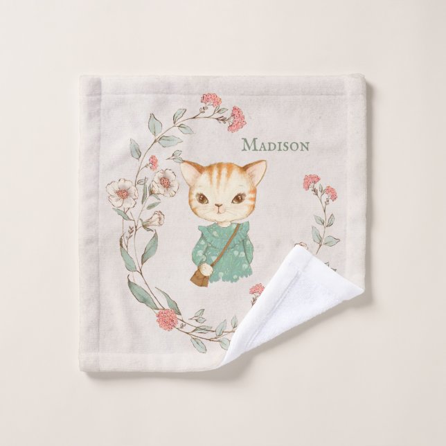 Kitty Cat Floral Personalised Name Girly Kitten Wash Cloth (Wash Cloth)