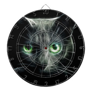 Kitty cat glowing green eyes dartboard