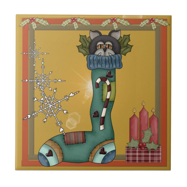 Kitty Cat in Stocking Picture Ceramic Tile (Front)