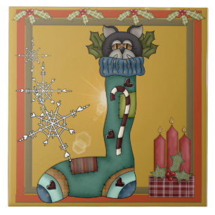 Kitty Cat in Stocking Picture Ceramic Tile