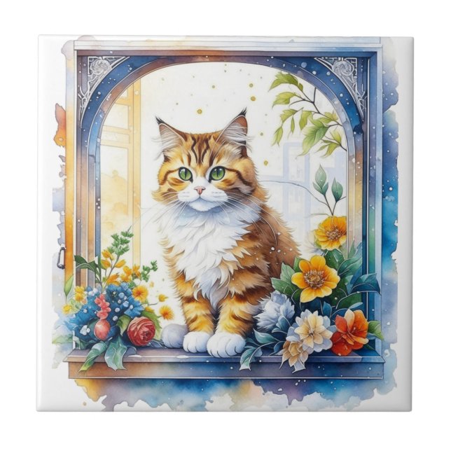 Kitty Cat in Window of Flowers   Ceramic Tile (Front)