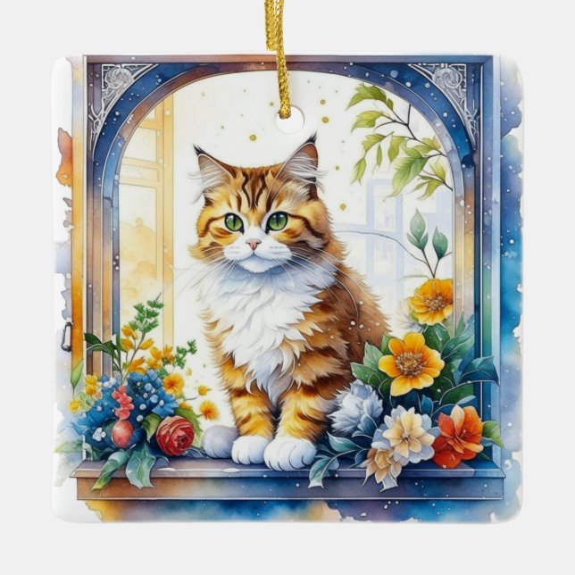 Kitty Cat in Window of Flowers Personalised Ceramic Ornament (Front)
