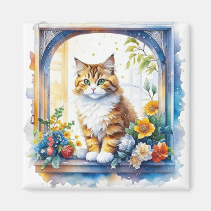 Kitty Cat in Window of Flowers Personalised Magnet