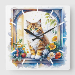 Kitty Cat in Window of Flowers Square Wall Clock