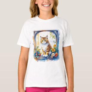 Kitty Cat in Window of Flowers   T-Shirt