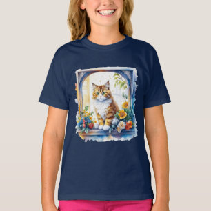 Kitty Cat in Window of Flowers   T-Shirt
