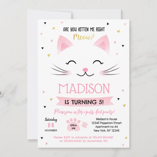 Kitty Cat Kitten Birthday Invitations for girl (Front)