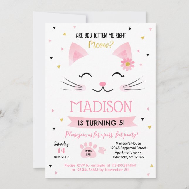 Kitty Cat Kitten Birthday Invitations for girl (Front)