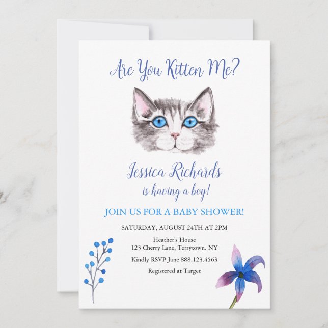Kitty cat kitten blue purple boy baby shower invitation (Front)