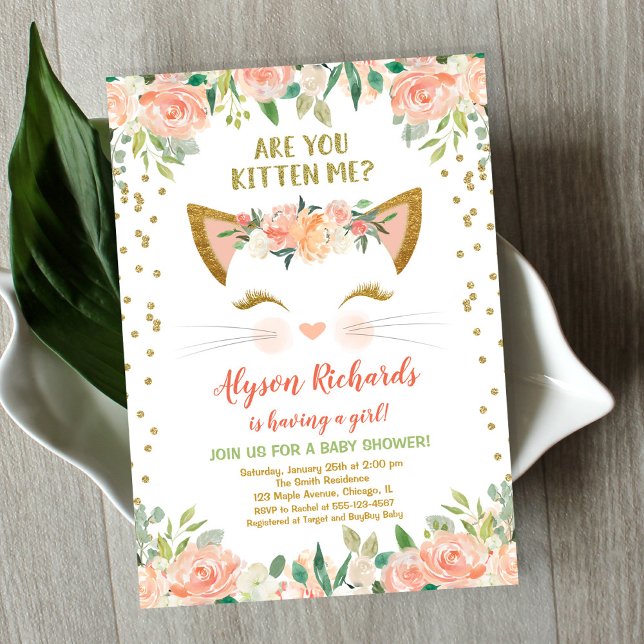 Kitty cat kitten peach cream girl baby shower invitation (Creator Uploaded)