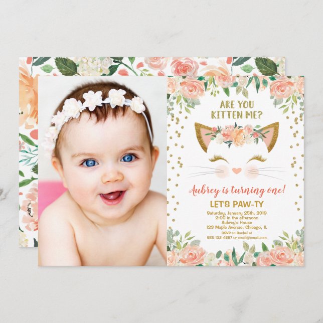 Kitty cat kitten peach cream girl birthday photo invitation (Front/Back)