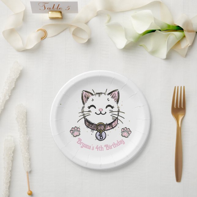 Kitty Cat Kitten Pink Purple Gold Birthday Party  Paper Plate (Wedding)