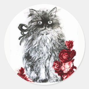KITTY CAT,KITTEN WITH RED ROSES Black White Classic Round Sticker