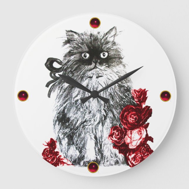 KITTY CAT,KITTEN WITH RED ROSES,Black White Large Clock (Front)