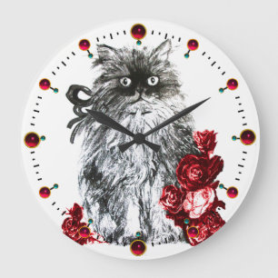 KITTY CAT,KITTEN WITH RED ROSES,Black White Large Clock