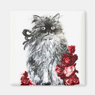 KITTY CAT,KITTEN WITH RED ROSES Black White Magnet