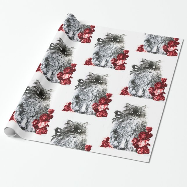 KITTY CAT /KITTEN WITH RED ROSES Black White Wrapping Paper (Unrolled)