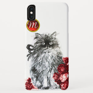 KITTY CAT,KITTEN WITH RED ROSES GEM MONOGRAM,white iPhone XS Max Case