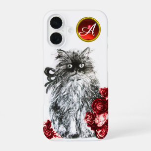 KITTY CAT,KITTEN WITH RED ROSES GEM MONOGRAM,white iPhone 16 Case