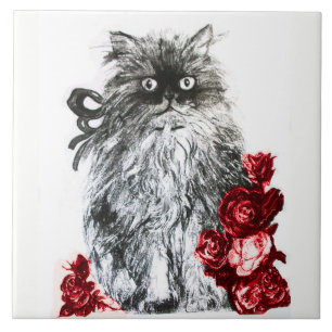 KITTY CAT, KITTEN WITH WHITE RED ROSES CERAMIC TILE