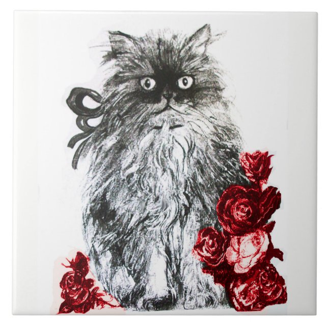 KITTY CAT, KITTEN WITH WHITE RED ROSES CERAMIC TILE (Front)