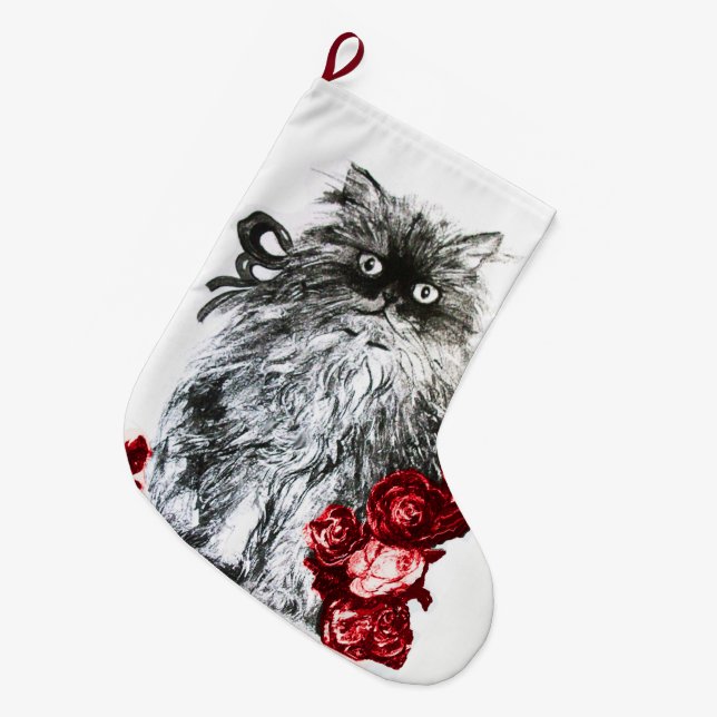 KITTY CAT, KITTEN WITH WHITE RED ROSES LARGE CHRISTMAS STOCKING (Front (Hanging))