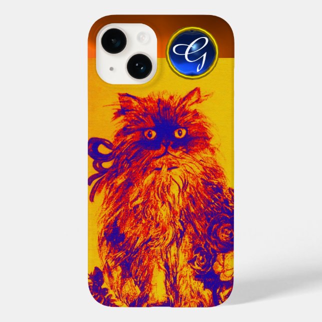 KITTY CAT,KITTEN YELLOW BLUE ROSES Gem Monogram Case-Mate iPhone Case (Back)