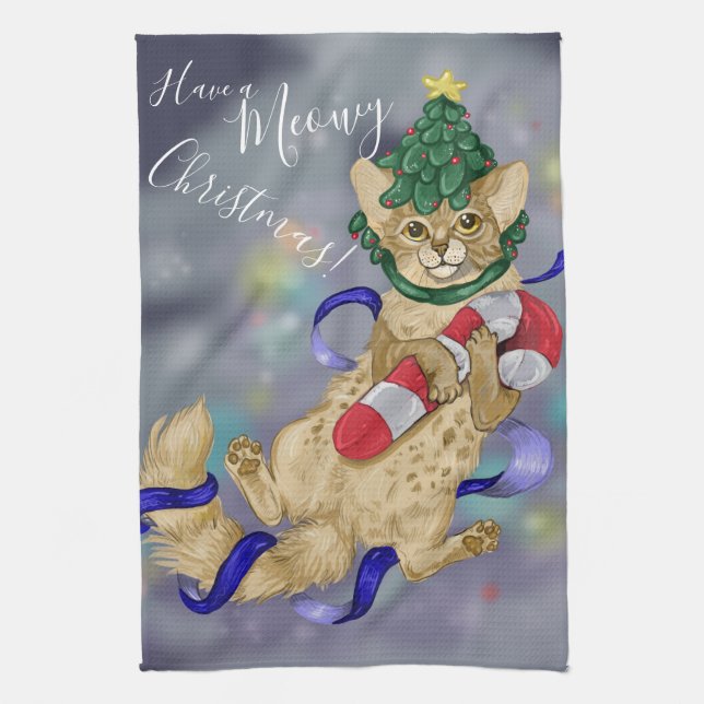 Kitty Cat Meowy Christmas! Tea Towel (Vertical)