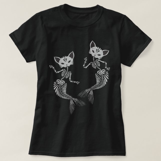 Kitty Cat Mermaid Skeleton T-Shirt Halloween Fanta (Design Front)