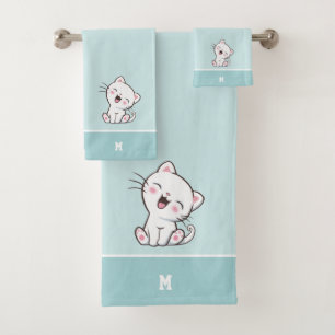 Kitty Cat & Monogram on Light Blue Bath Towel Set