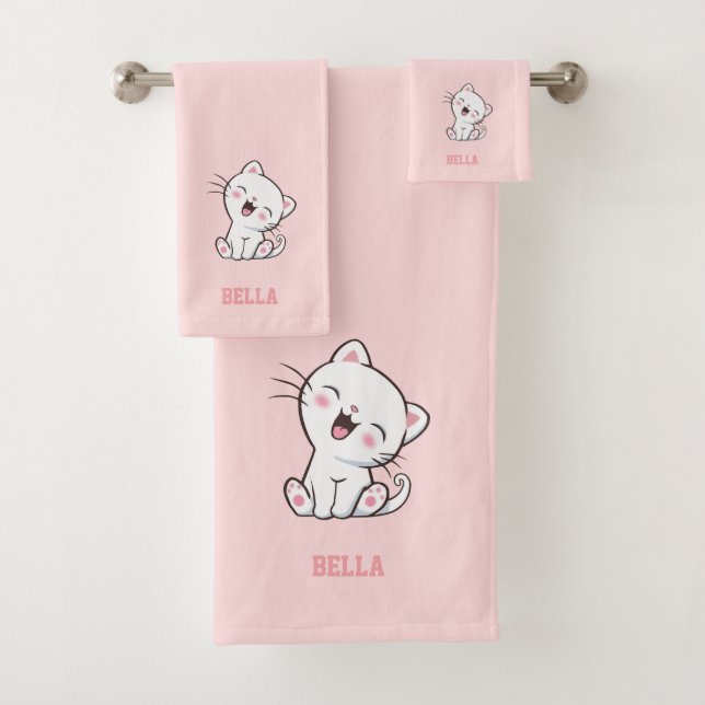 Kitty Cat & Name Text on Light Pink Bath Towel Set (Insitu)