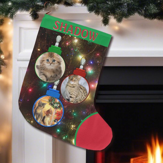 Kitty Cat Photo Tree Ornaments Add Name Large Large Christmas Stocking (Creator Uploaded)