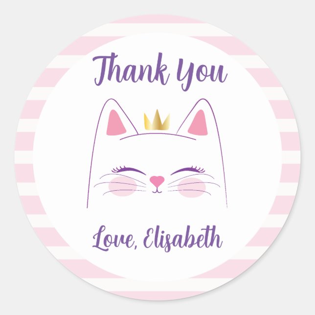 Kitty Cat Pink and Gold Classic Round Sticker (Front)