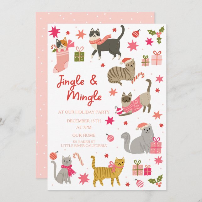 Kitty Cat Pink Christmas Party Invitation (Front/Back)