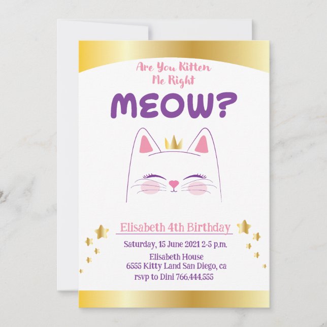 Kitty Cat Pink Gold Birthday Party Invitation (Front)