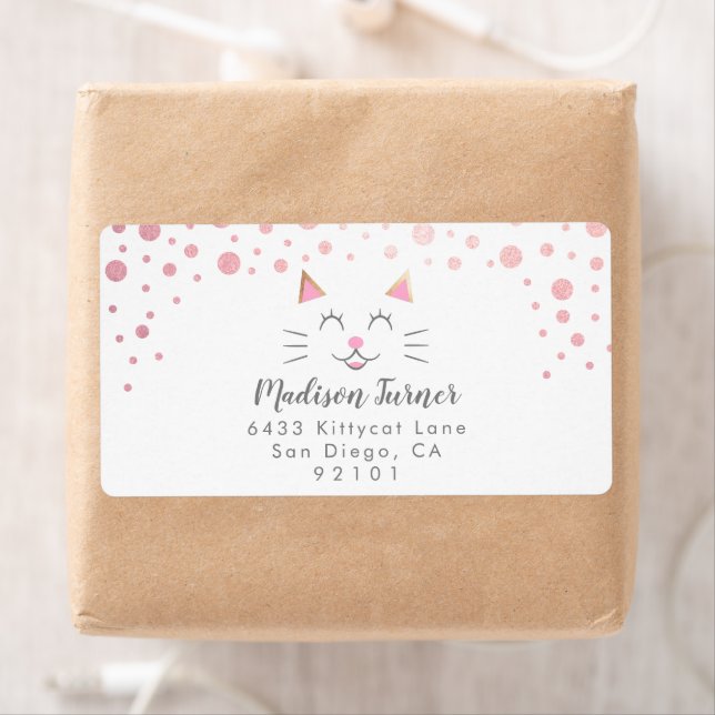 Kitty Cat Pink Gold Glitter Return Address (Insitu)
