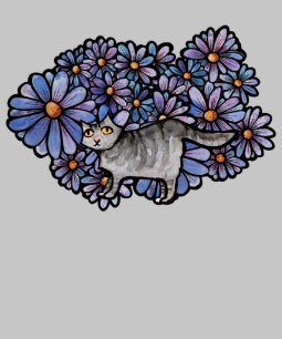 Kitty Cat Purple Daisies Grey Cat Art Grey Cats   